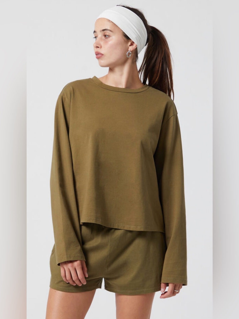 PAC 1980 2-Piece Soft Cotton Long Sleeve T-Shirt + Shorts Set in Moss Sz. Small